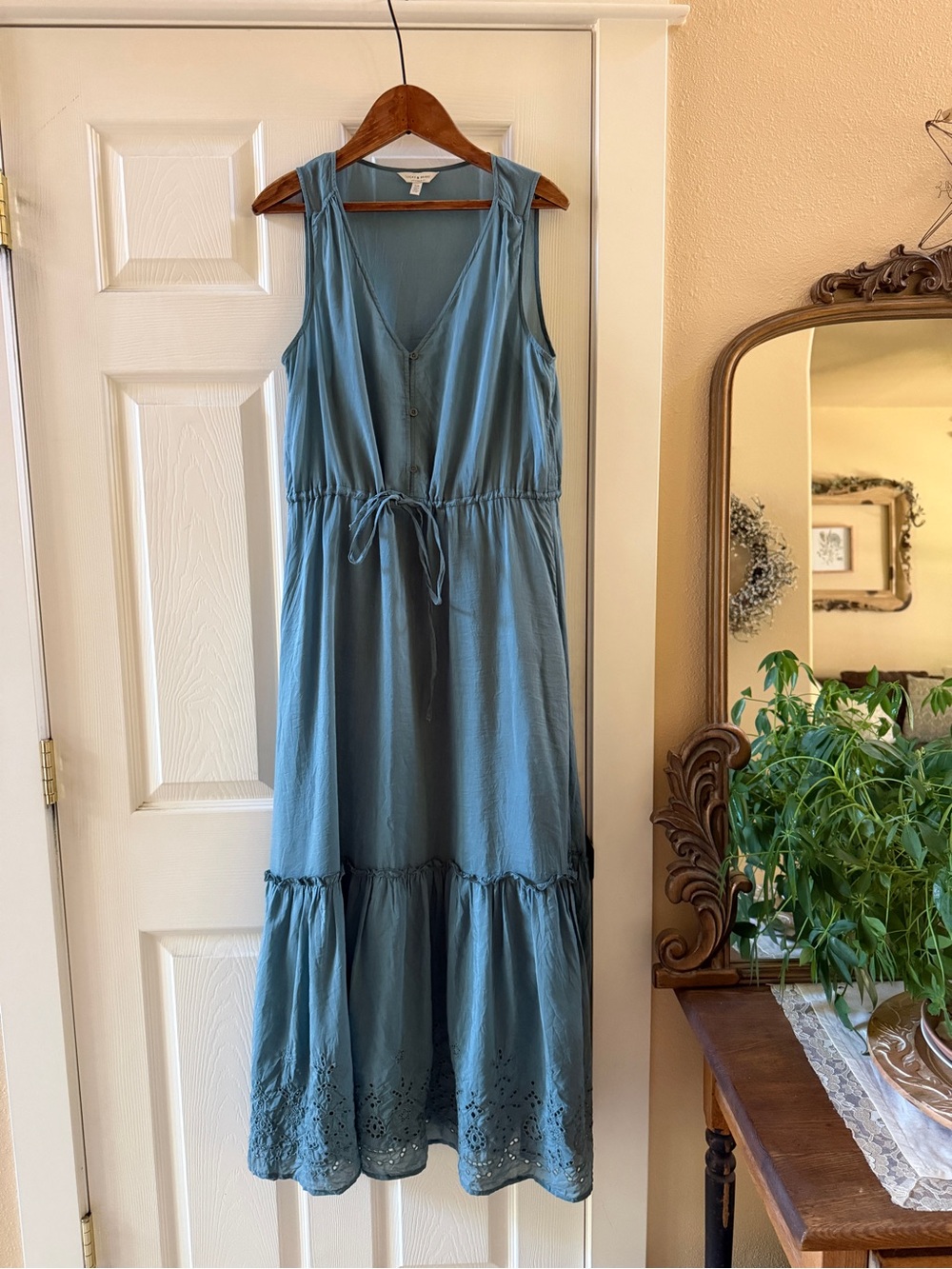 Lucky Brand Blue Dusty Teal Sleeveless V-Neck Tie-Waist Maxi Dress